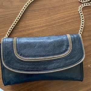 Michael Kors Naomi Black Leather Clutch Handbag Gold Zipper Detail EUC